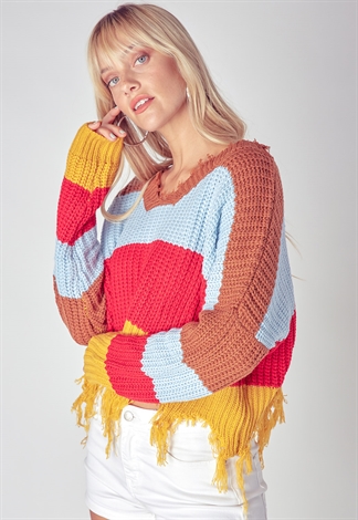 Frayed Edge Multi-Color Cropped Sweater 