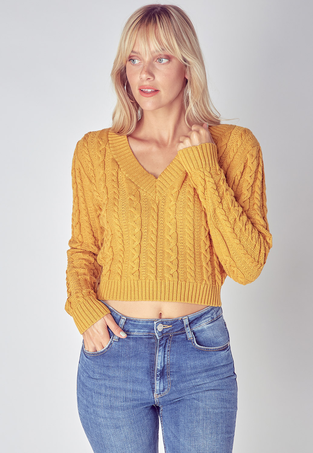 Long Sleeve Fall V-Neck Cropped Sweater 