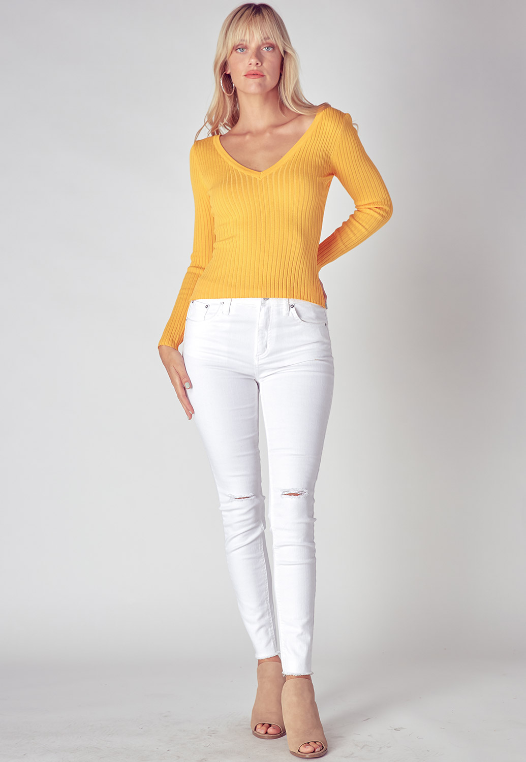 Wide V-Neck Ribbed Long Sleeve Top 