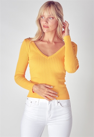 Wide V-Neck Ribbed Long Sleeve Top 