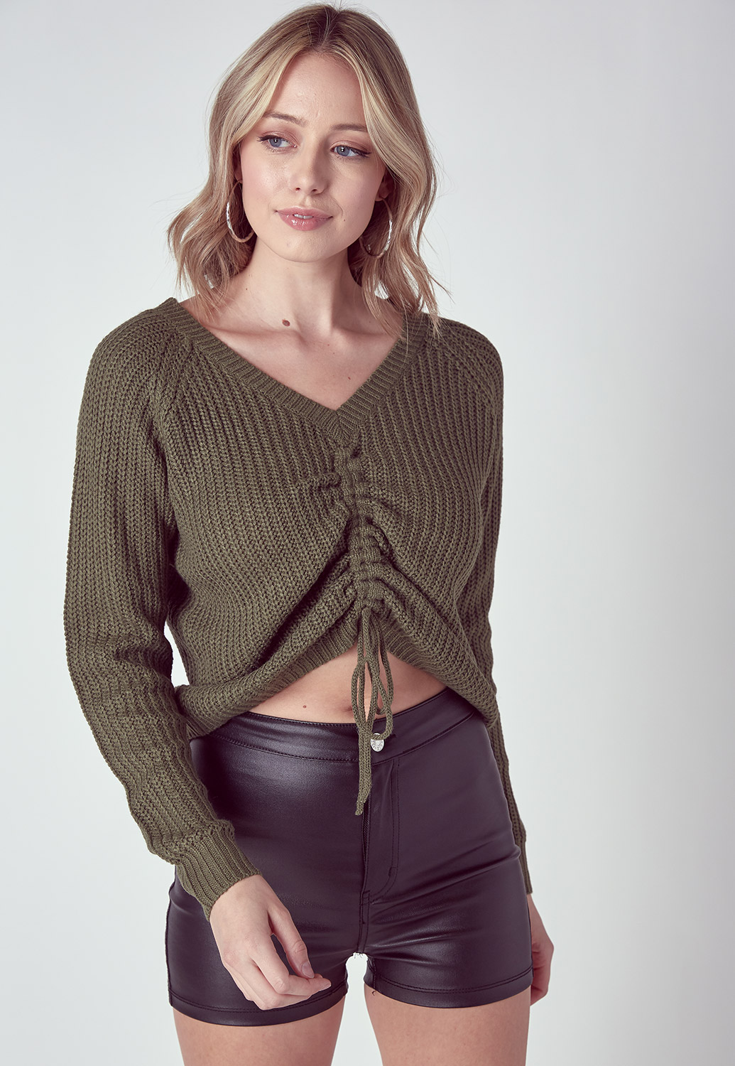 V-Neck Drawstring Front Crop Sweater