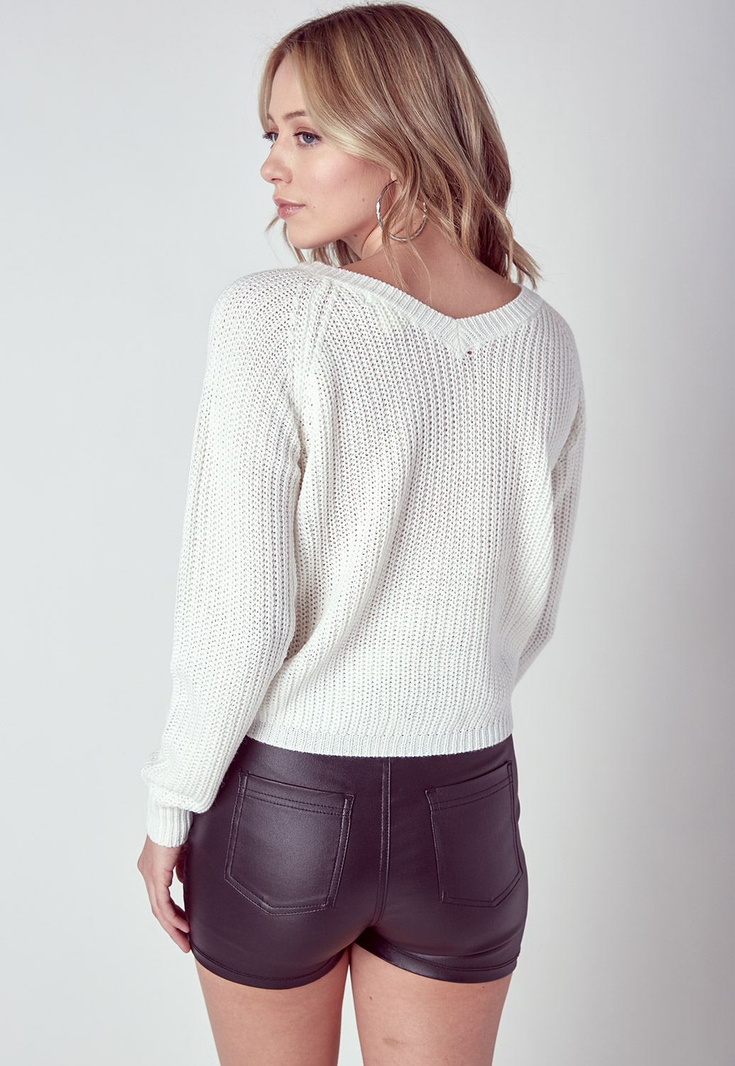 V-Neck Drawstring Front Crop Sweater