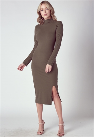 Basic High-Neck Midi Dress With Side Slit Detail 