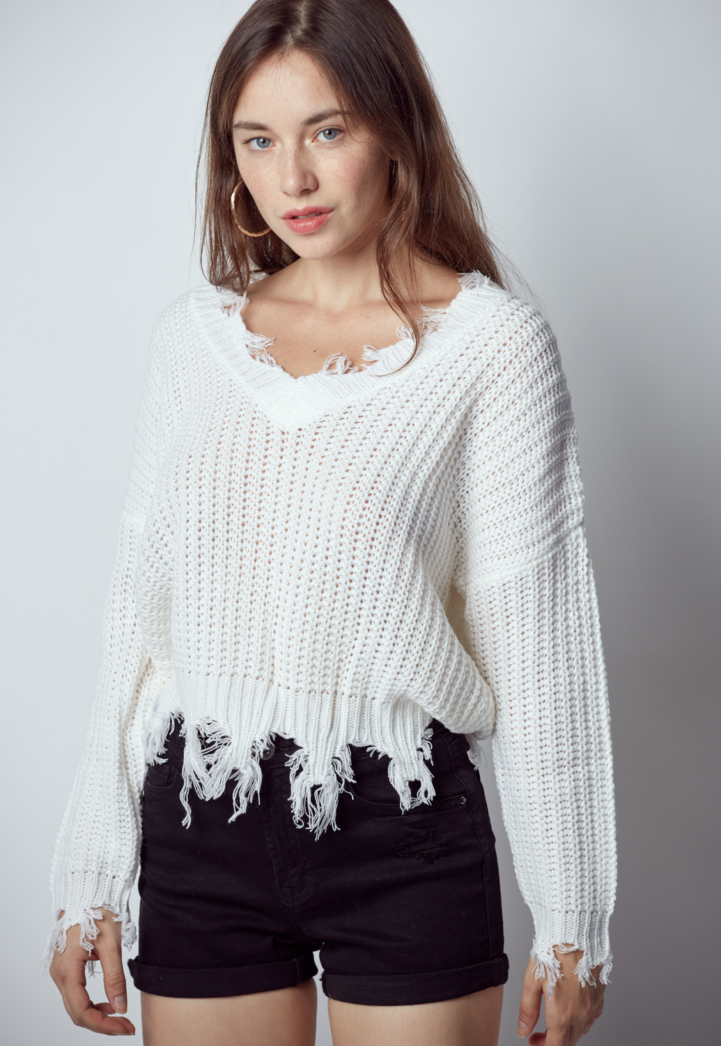 V-Neck Ripped Pullover Knit Sweater