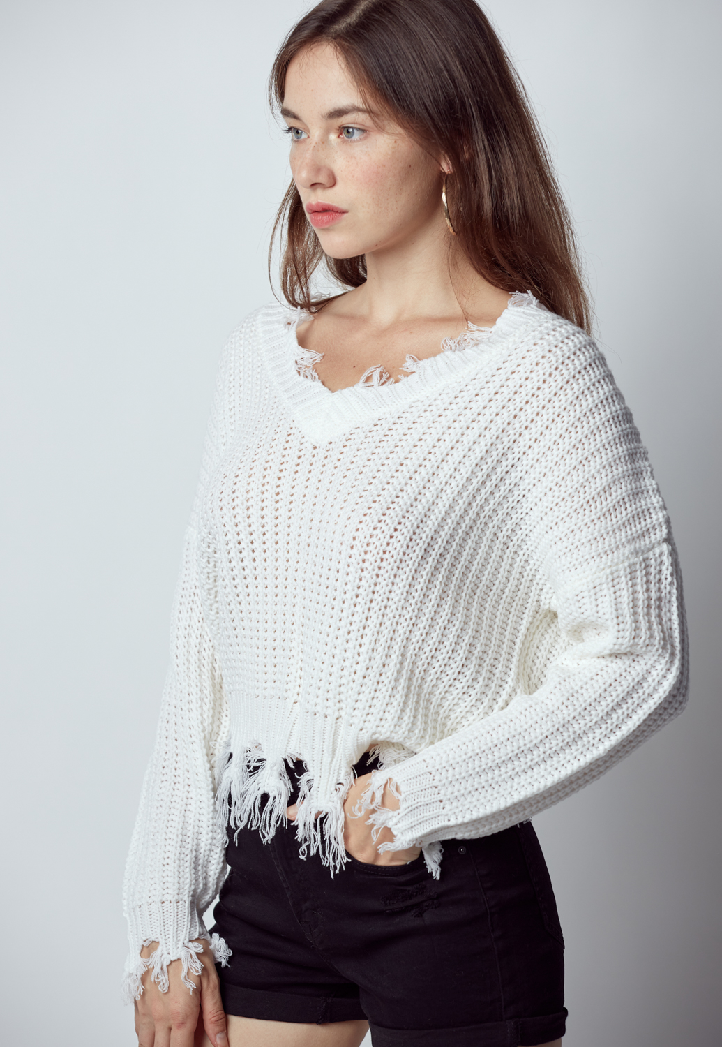 V-Neck Ripped Pullover Knit Sweater
