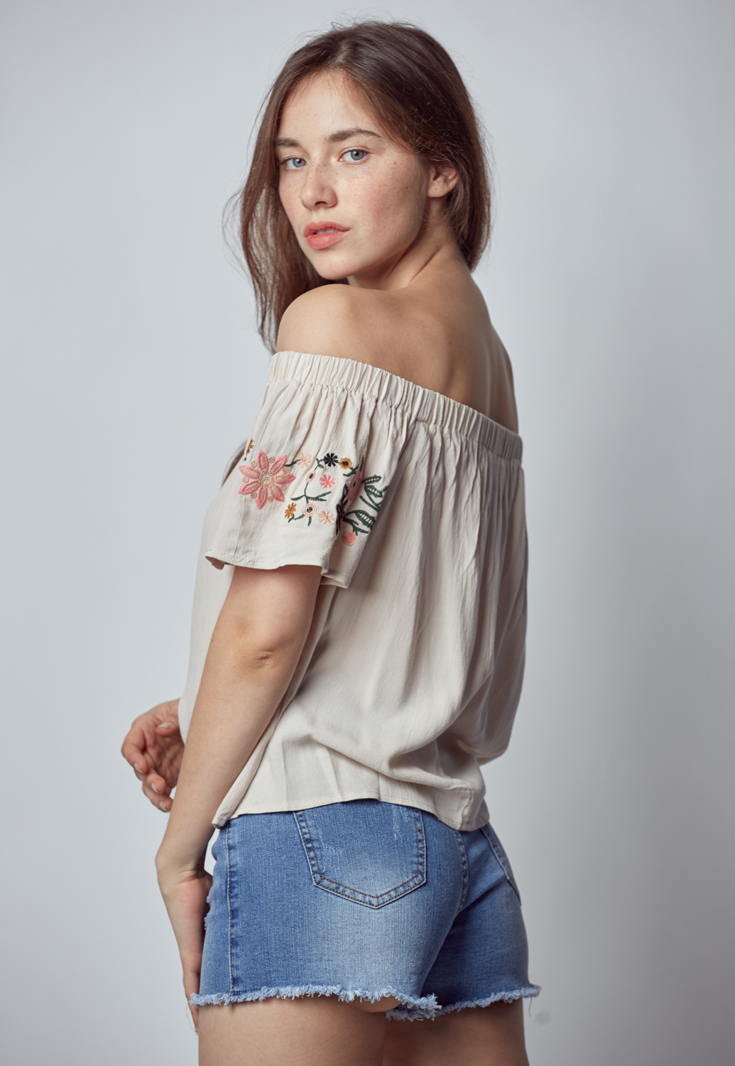 Ruffled Off The Shoulder With Floral Embroidering