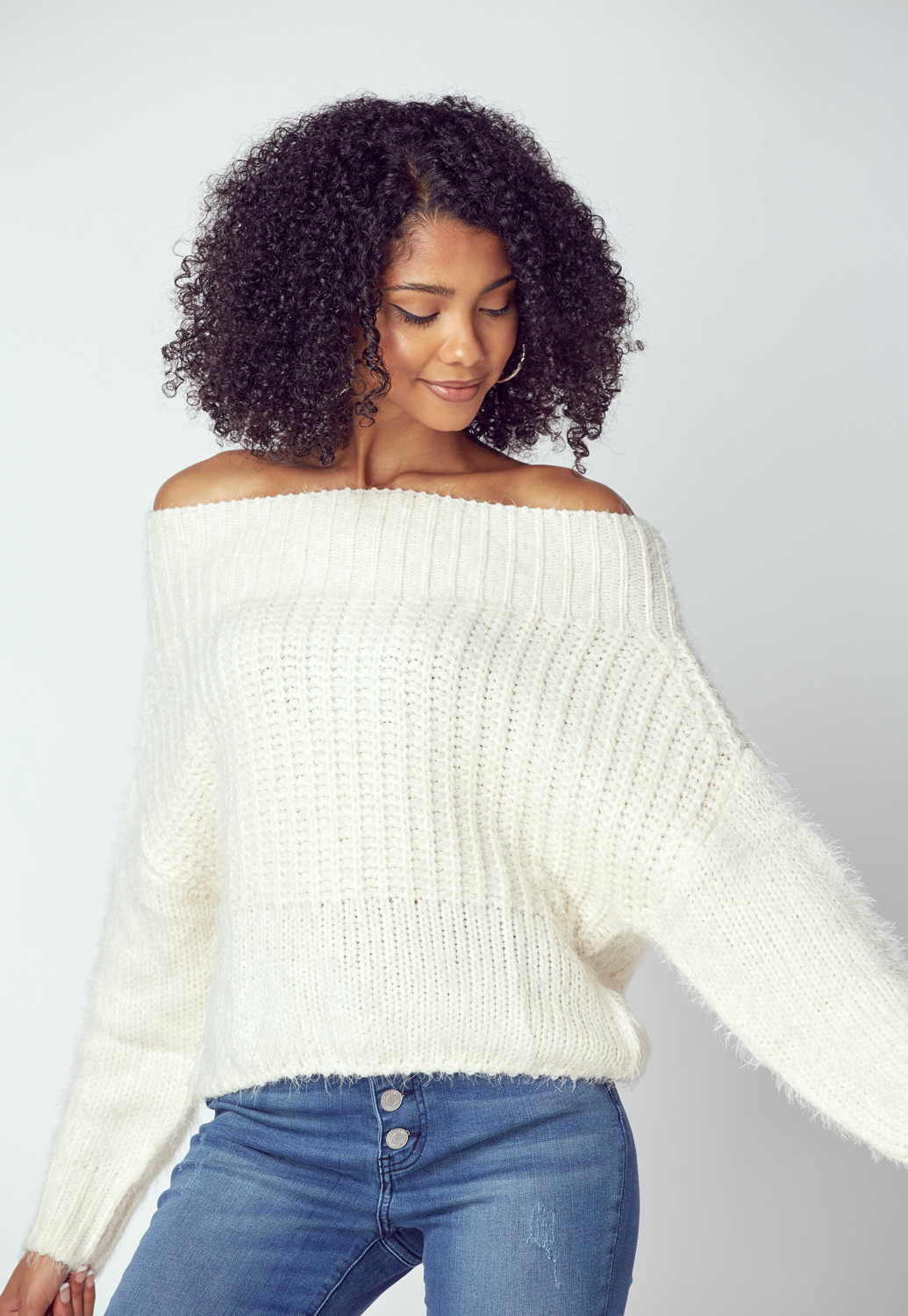 Off The Shoulder Cable Sweater