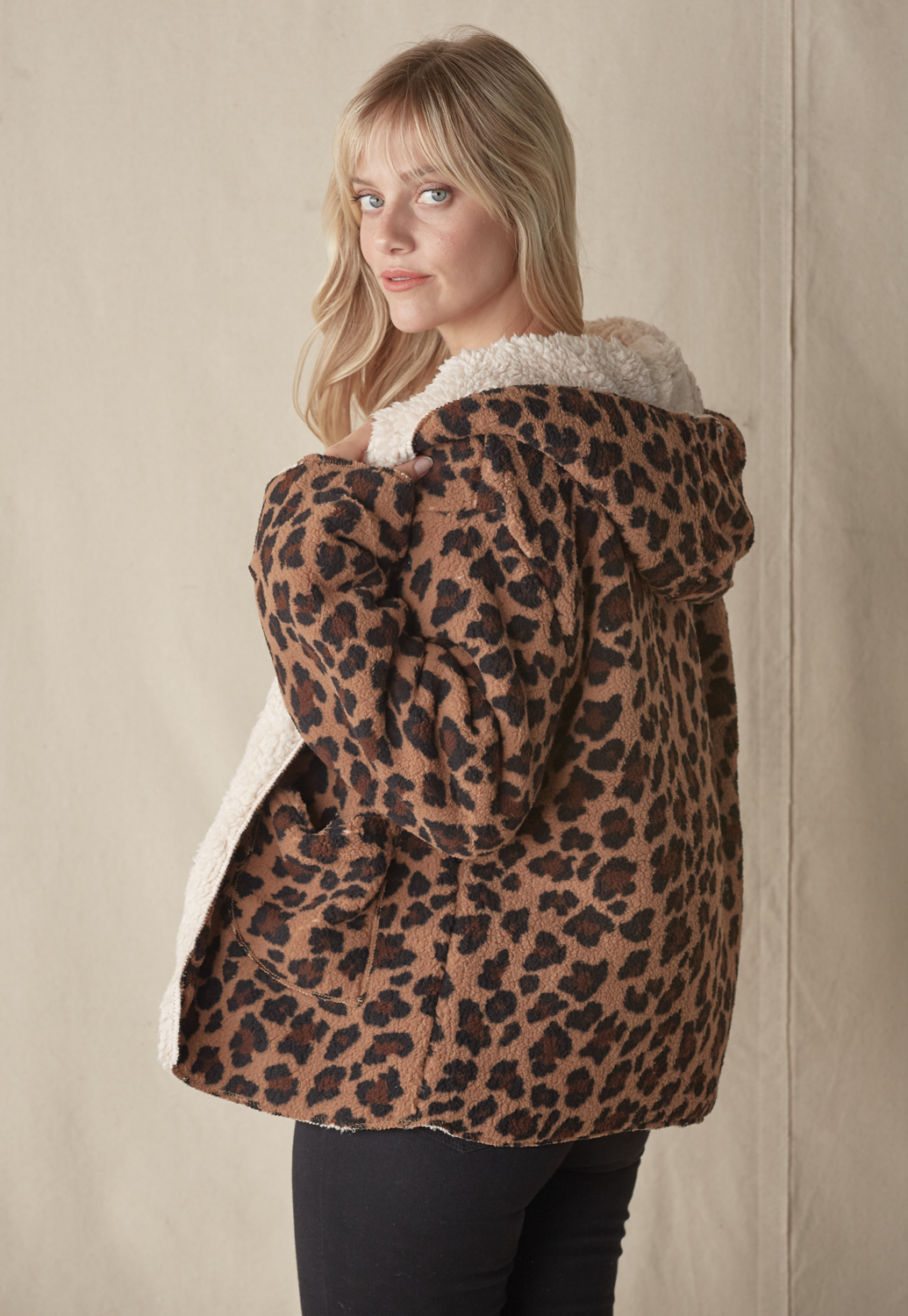 Reversible Fluffy Leopard Teddy Coat