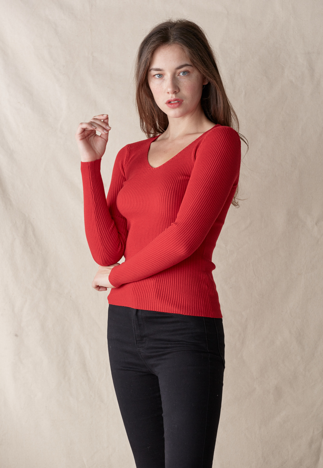 V Neck Fitted Ribbed Knit