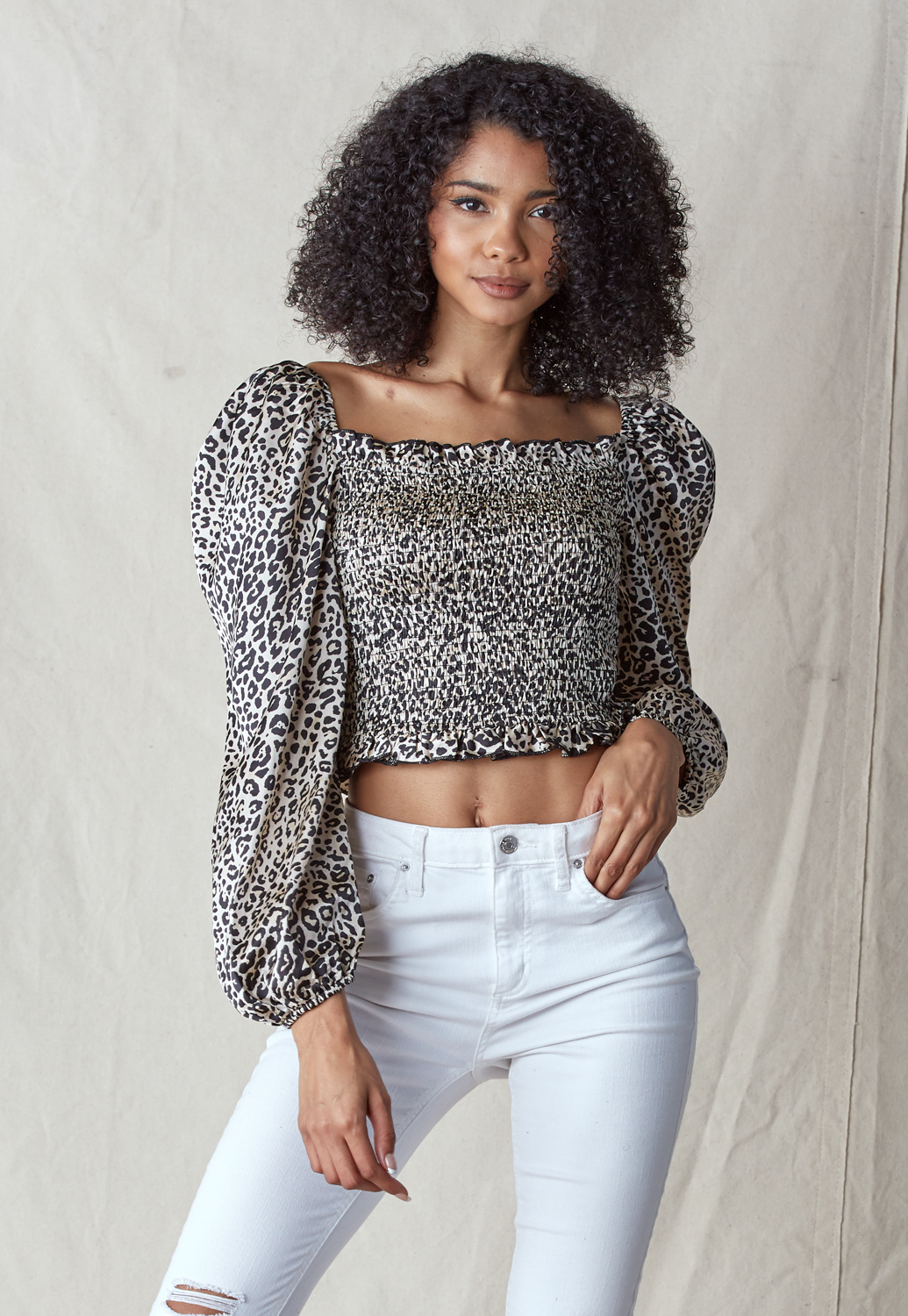 Leopard Square Neck Puff Sleeve Top