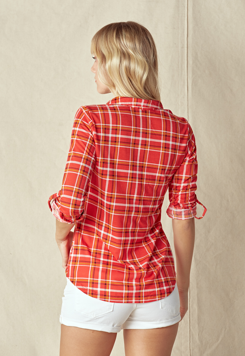 Plaid Flannel Roll-Up Sleeve Top