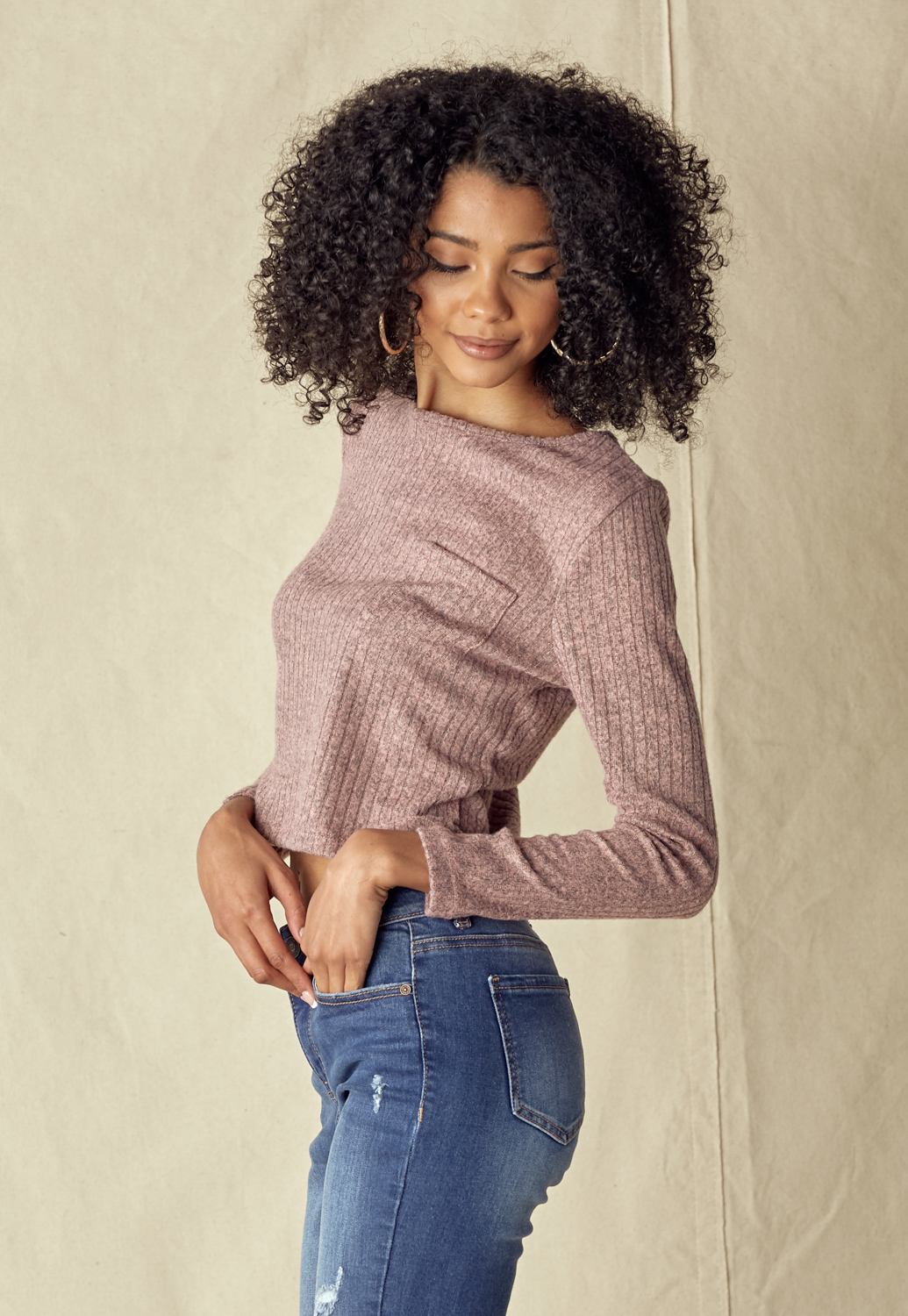 Front Pocket Round Neck Knit Top