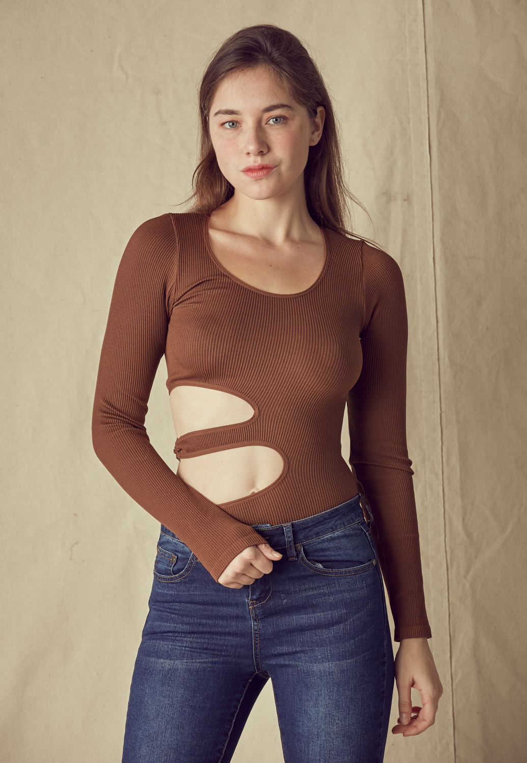 Side Cut Out Round Neck Bodysuit