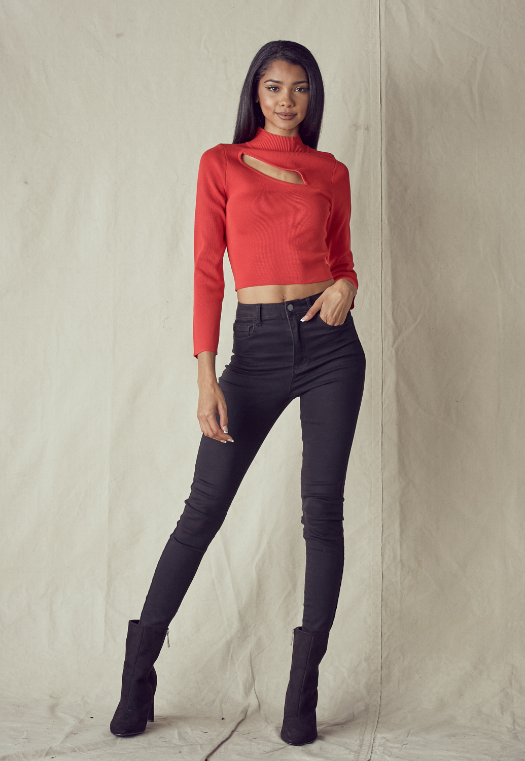 Mock Neck Cutout Front Long Sleeve Knit Top