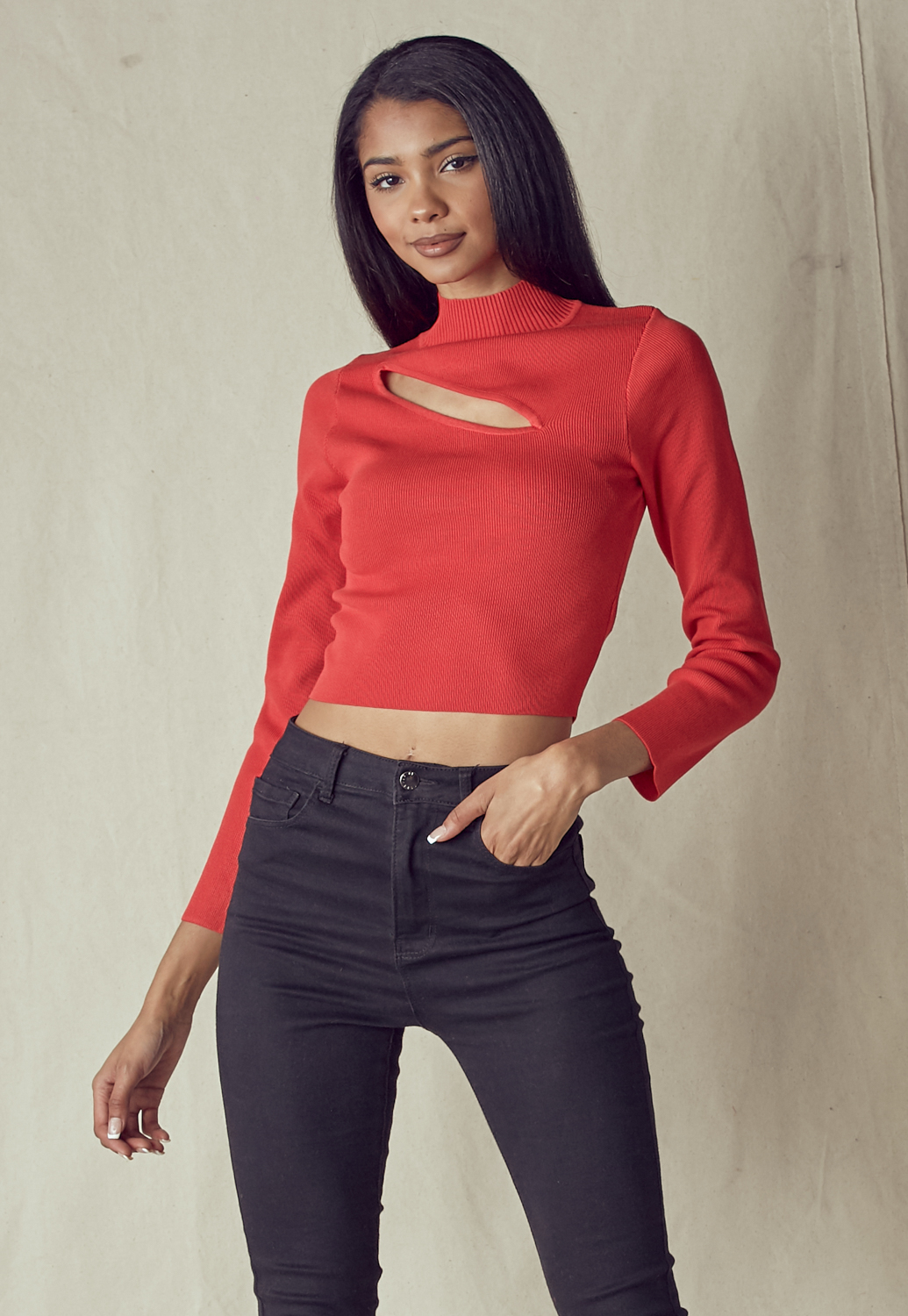 Mock Neck Cutout Front Long Sleeve Knit Top