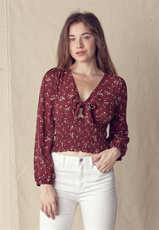 Floral Front Tie Smocked Waist Blouse