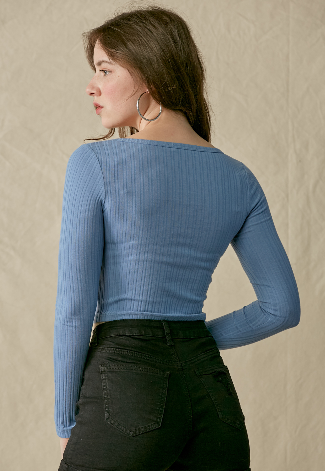 Notched Neck Rib-Knit Crop Top