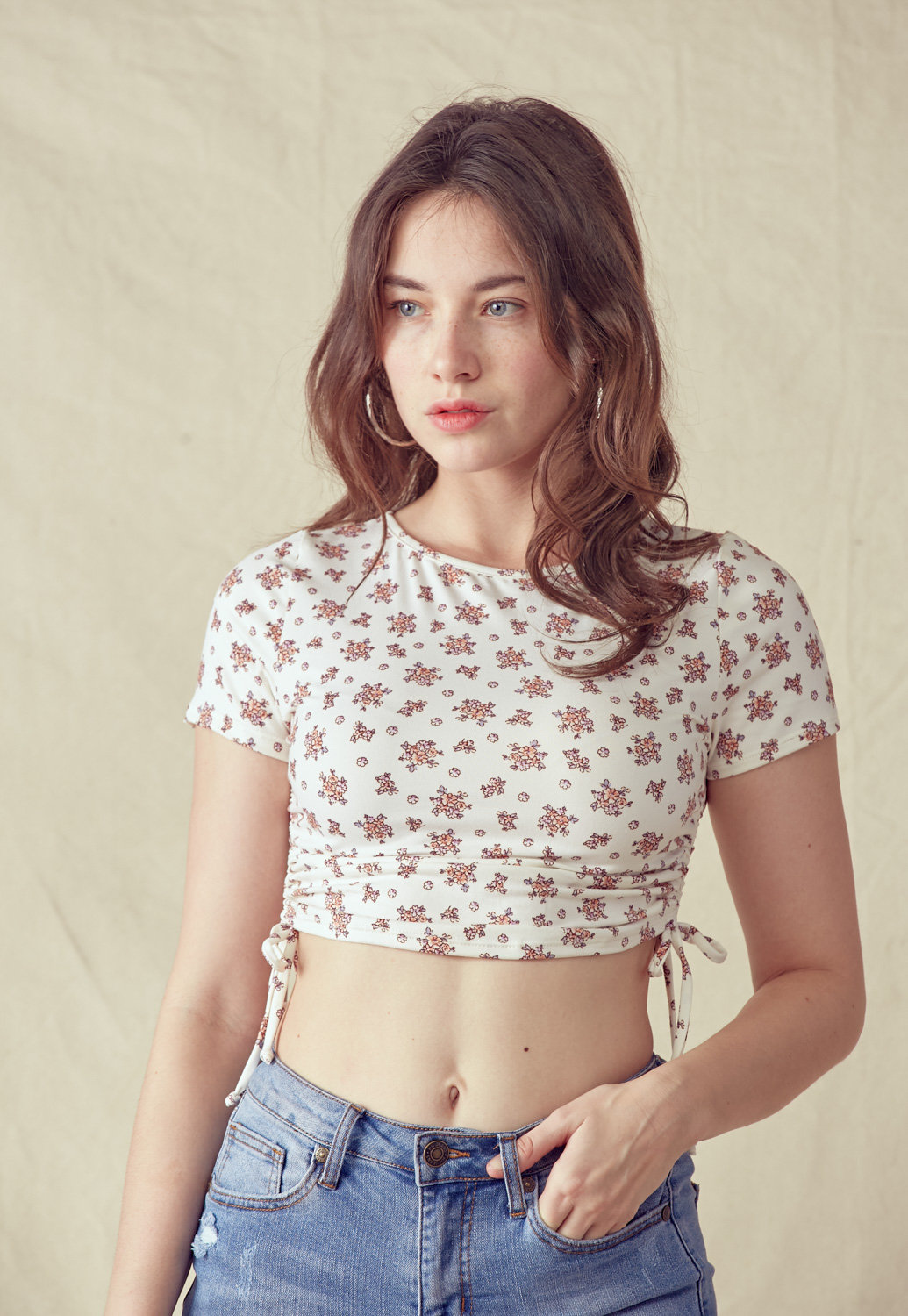 Ruched Drawstring Floral Crop Top