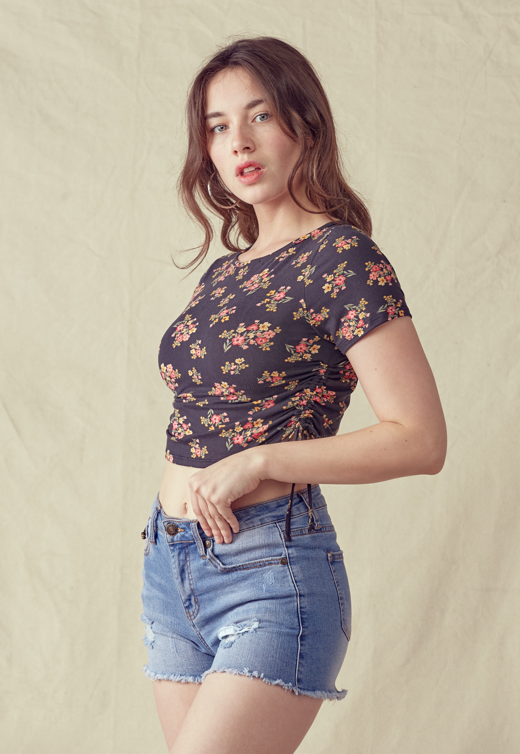 Ruched Drawstring Floral Crop Top