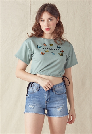 Butterfly Print Side Drawstring Crop Top