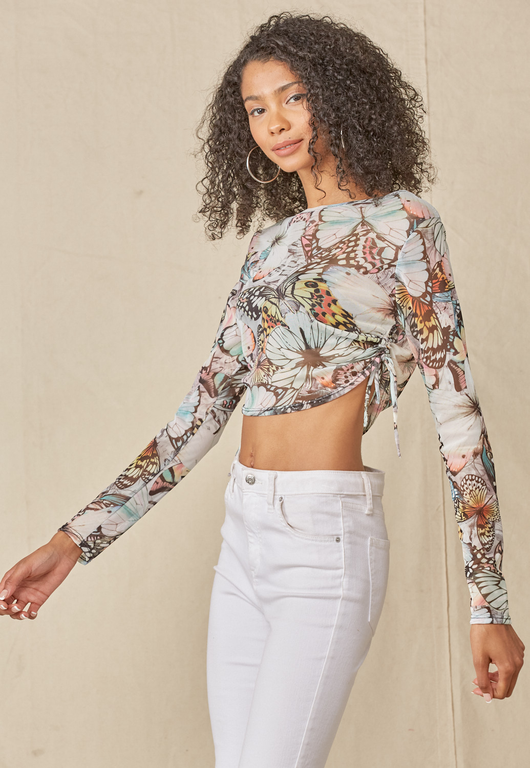 See-Through Butterfly Print Crop Top
