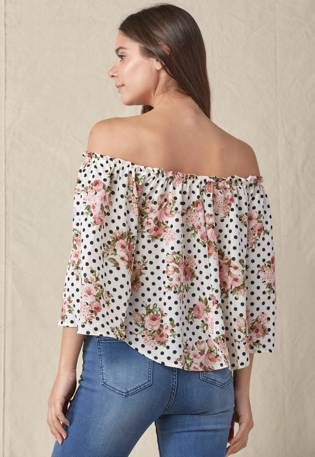Floral Dot Ruffle Off The Shoulder Top