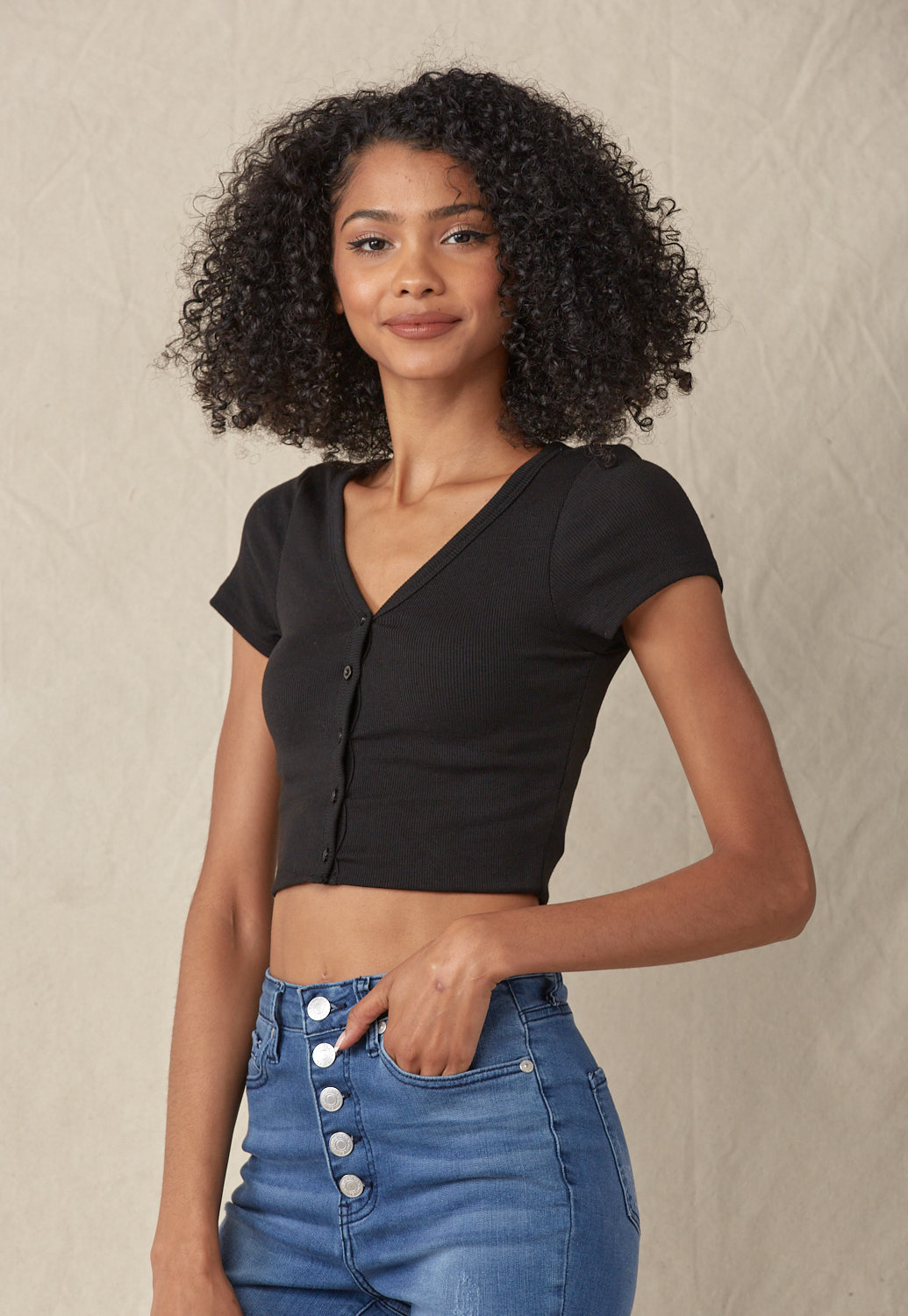 Button Front Rib-Knit Crop Tee