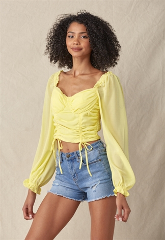 Drawstring Ruched Long Sleeve Crop Blouse