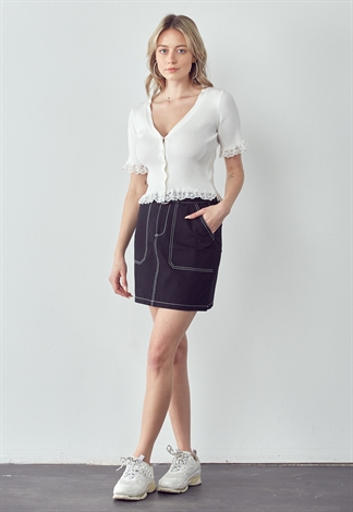Contrast-Stitch Belted Mini Skirt