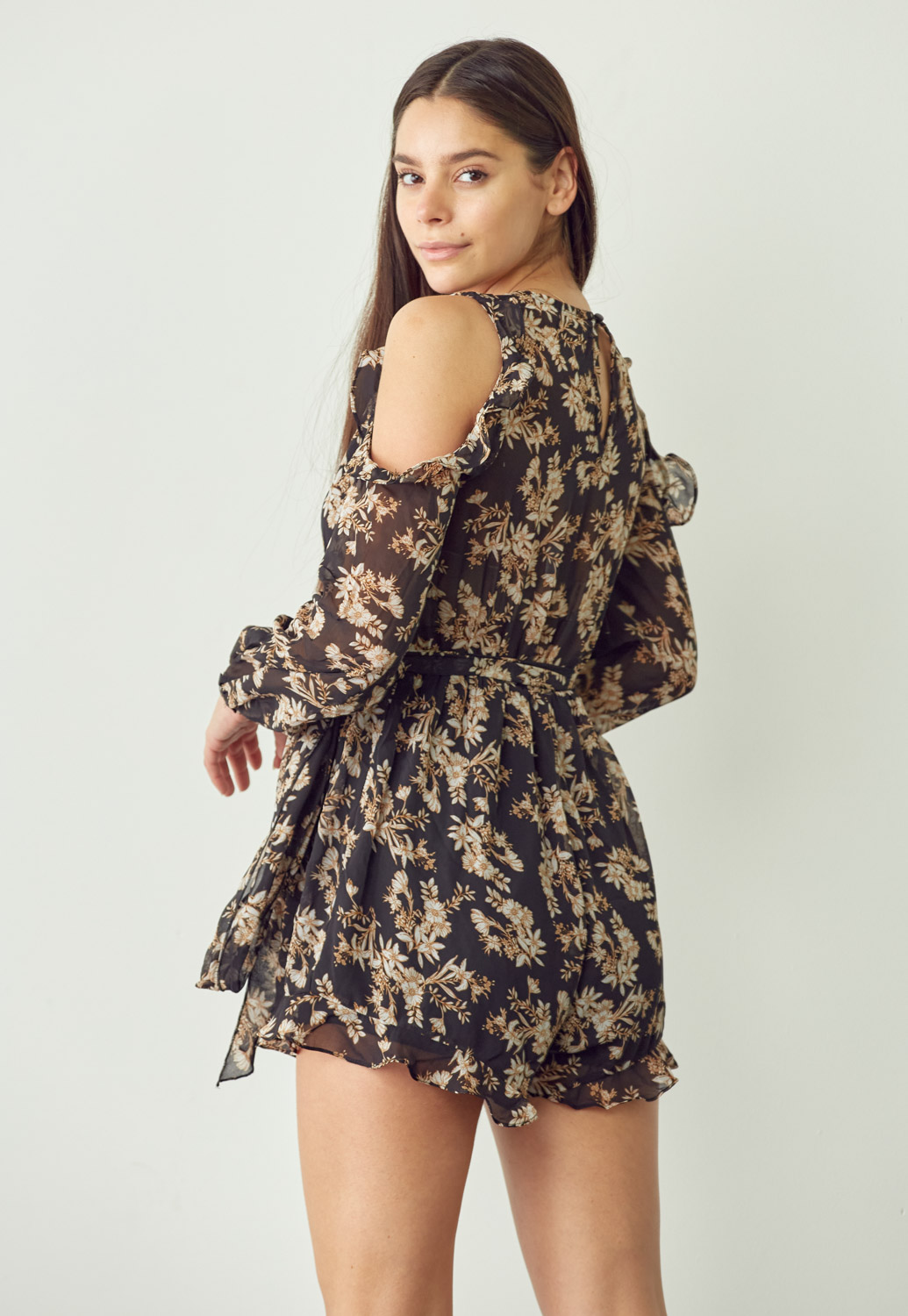 Wrap Cut Out Sleeve Floral Romper