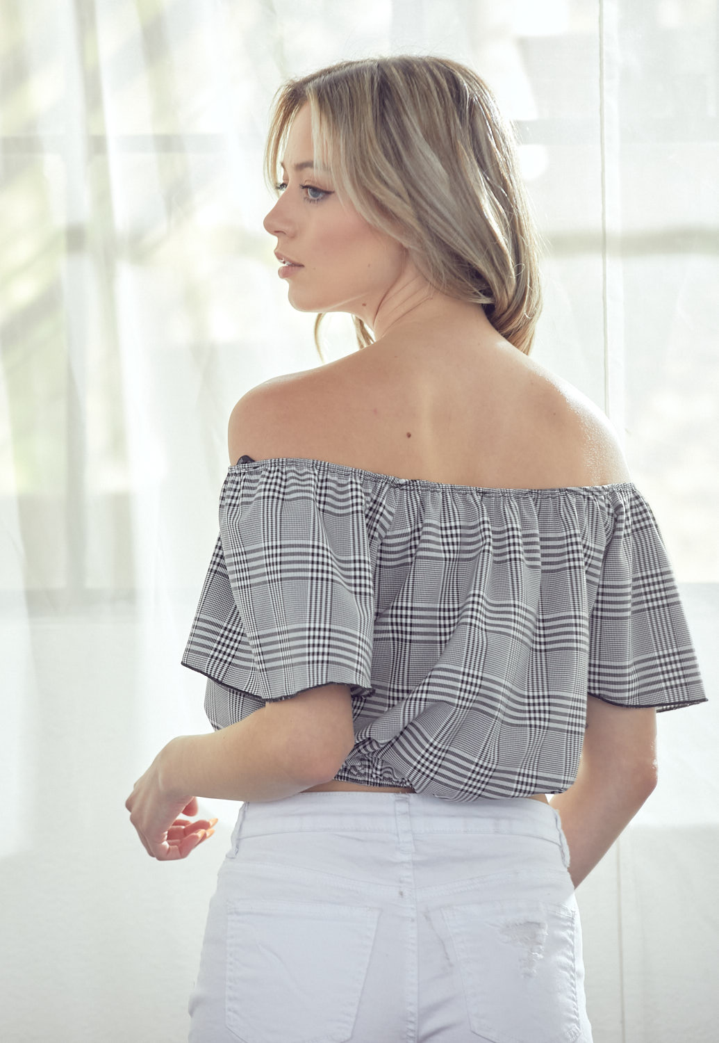 Off Shoulder Checked Top