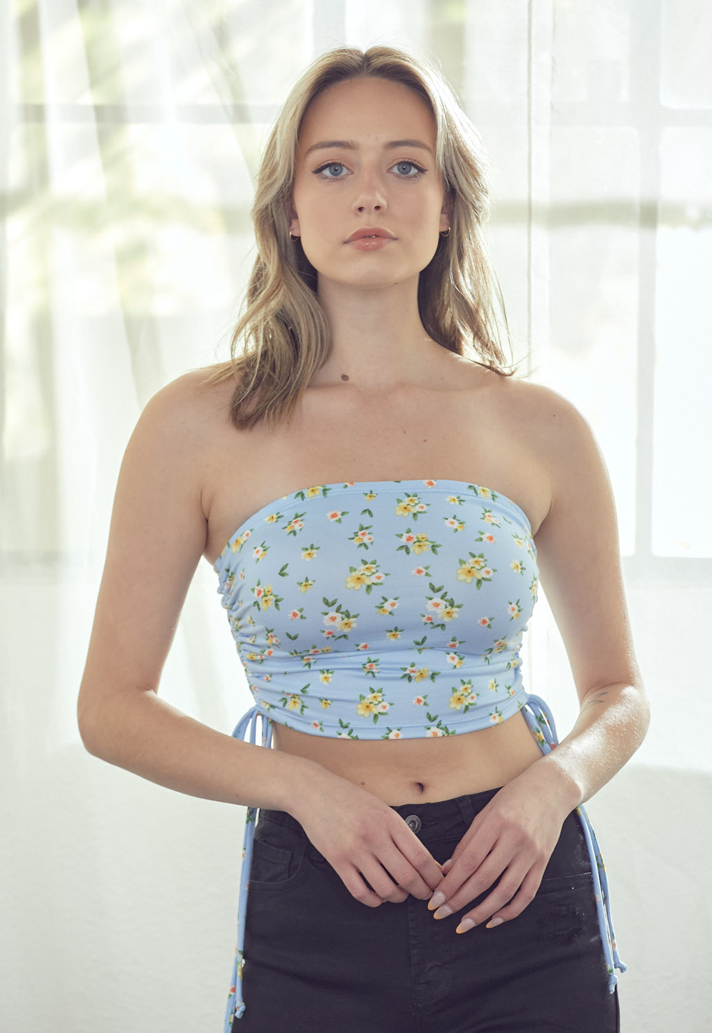 Floral Ruched Drawstring Crop Top