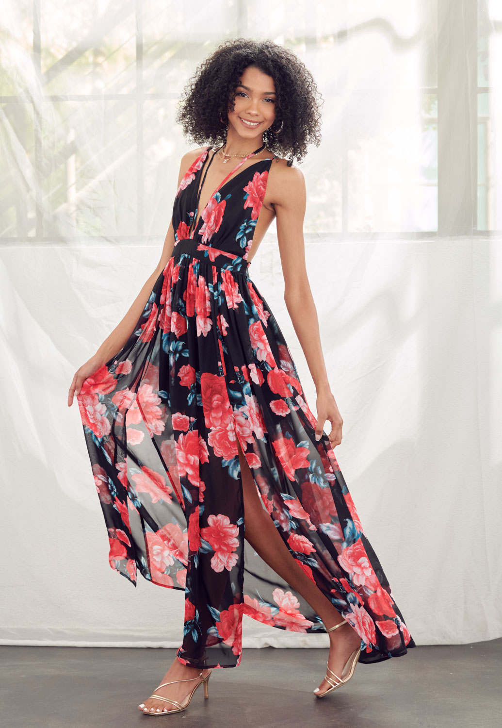 Floral Print Deep V-Neck Cut Out Maxi Dress