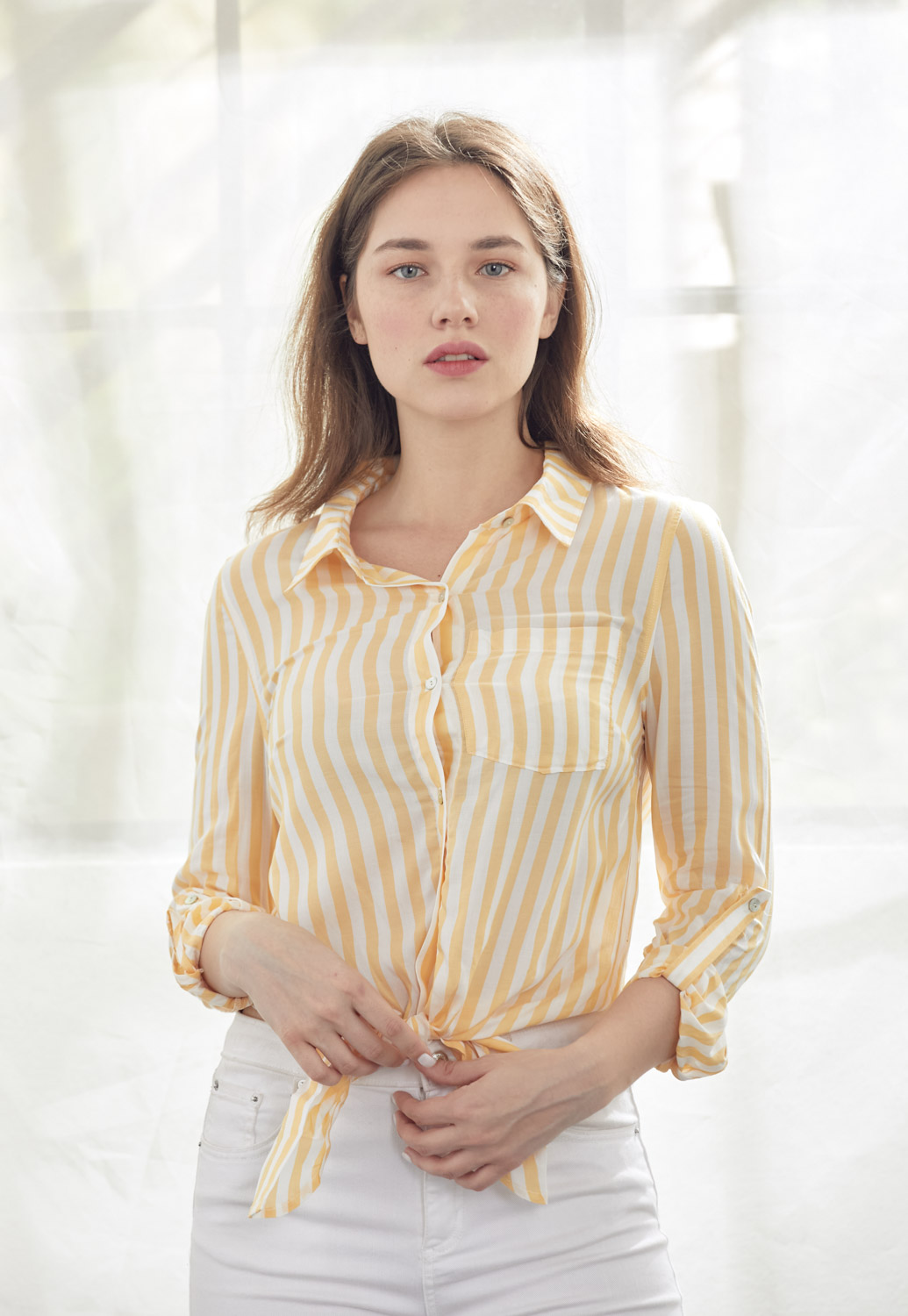 Self-Tie Front Striped Blouse