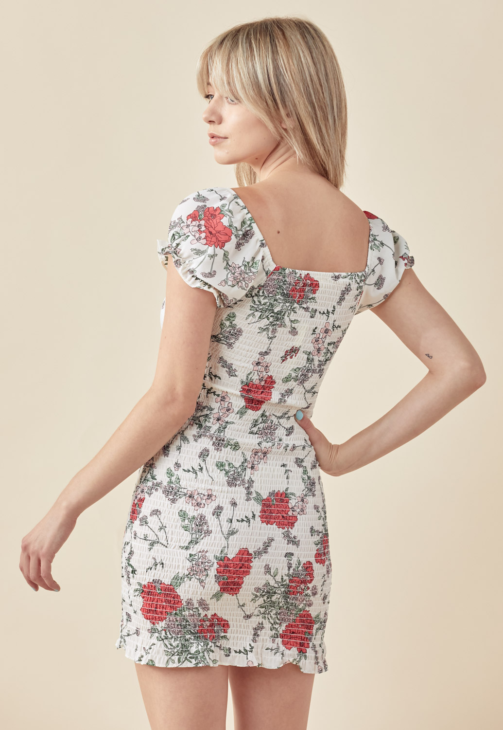 Shirred Floral Print Dress