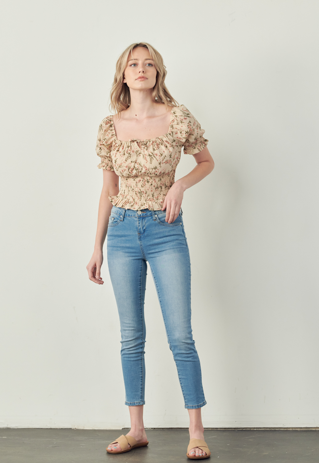 Front Stringed Floral Print Shirred Top