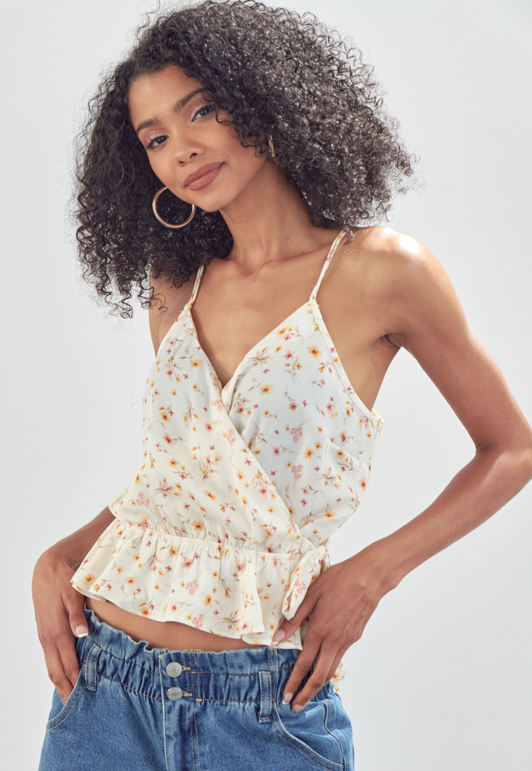 Floral Print Ruffle Side Tie Top