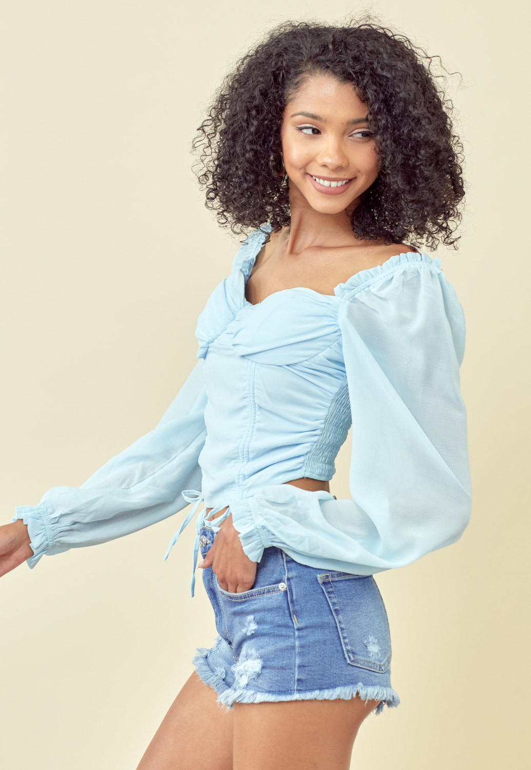 Drawstring Ruched Long Sleeve Crop Blouse