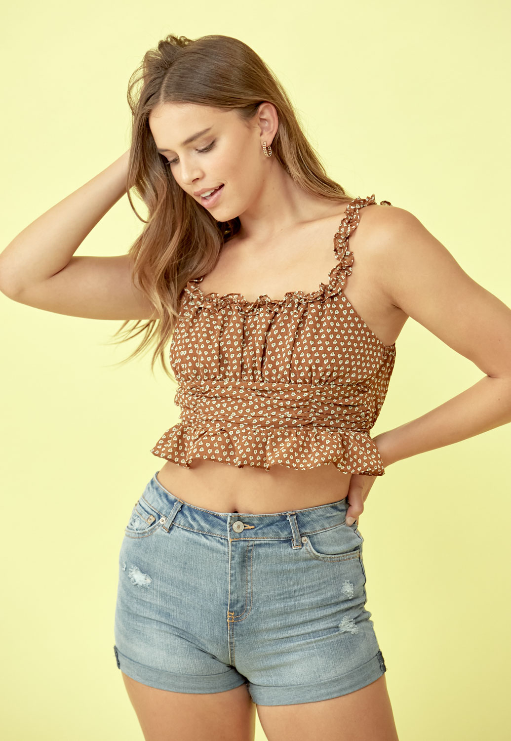 Ruched Waist Ruffle Strap Top 