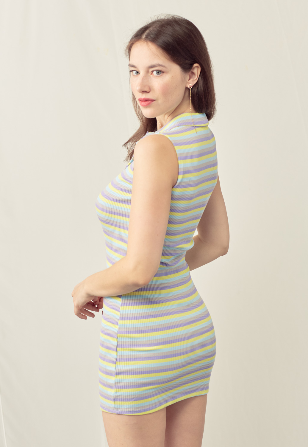 Striped Collared Rib-Knit Mini Dress 