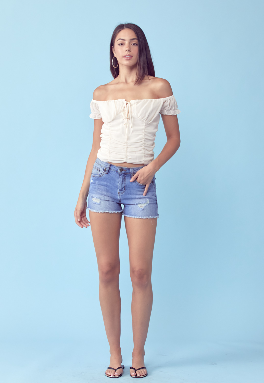 Ruched Front Lace Up Detail Top 