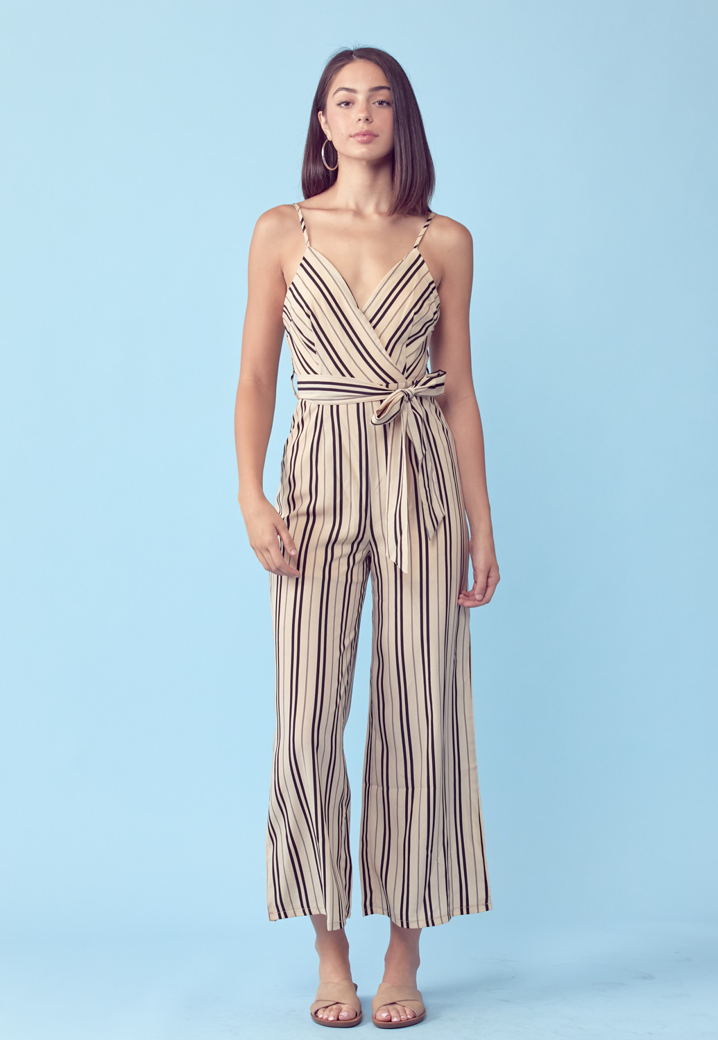 Pinstriped Tie Front Jumpsuit 
