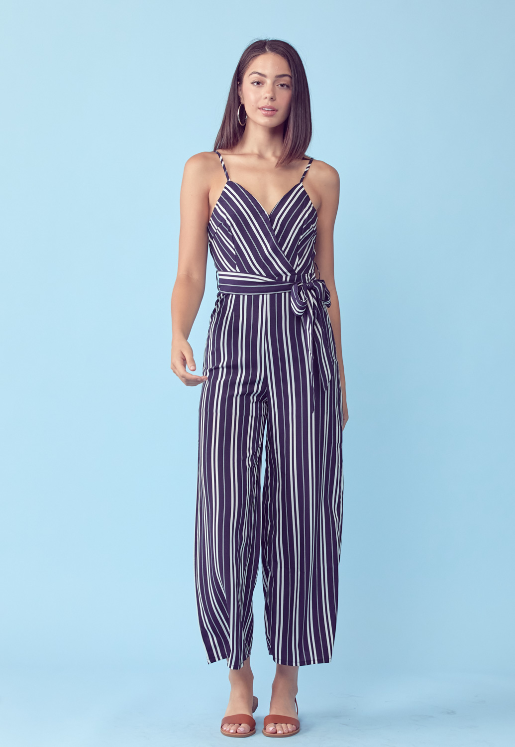 Pinstriped Tie Front Jumpsuit 