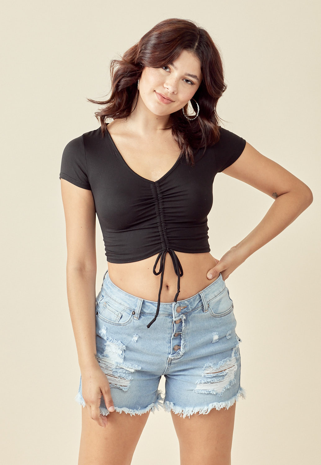 Ruched Drawstring Short Sleeve Crop Top