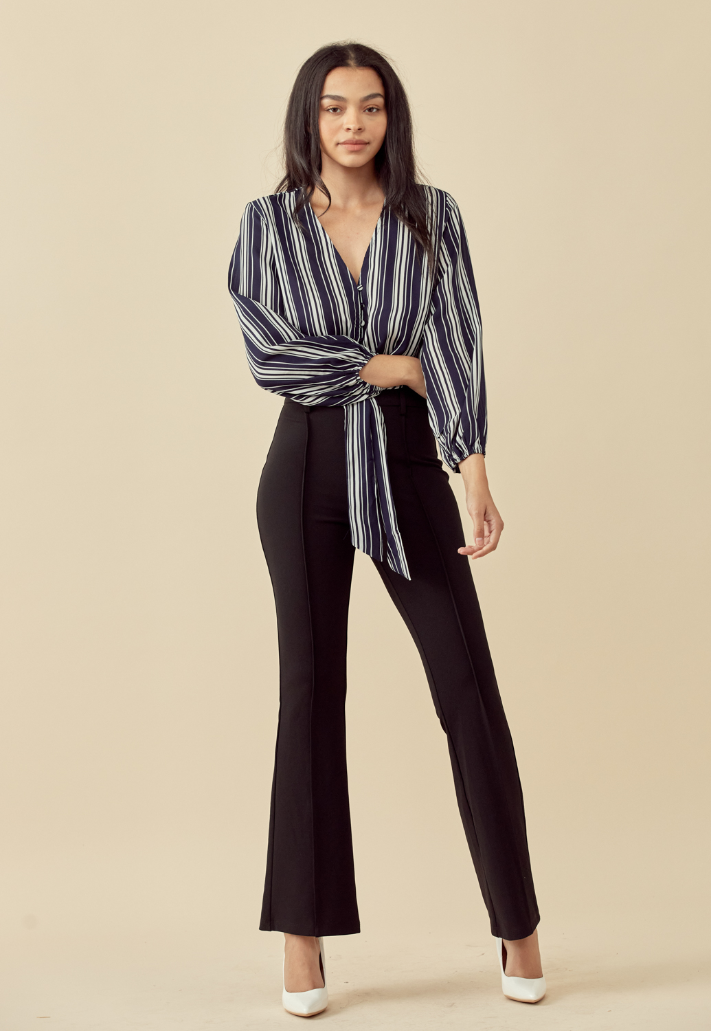 Front Tie Long Sleeve Blouse