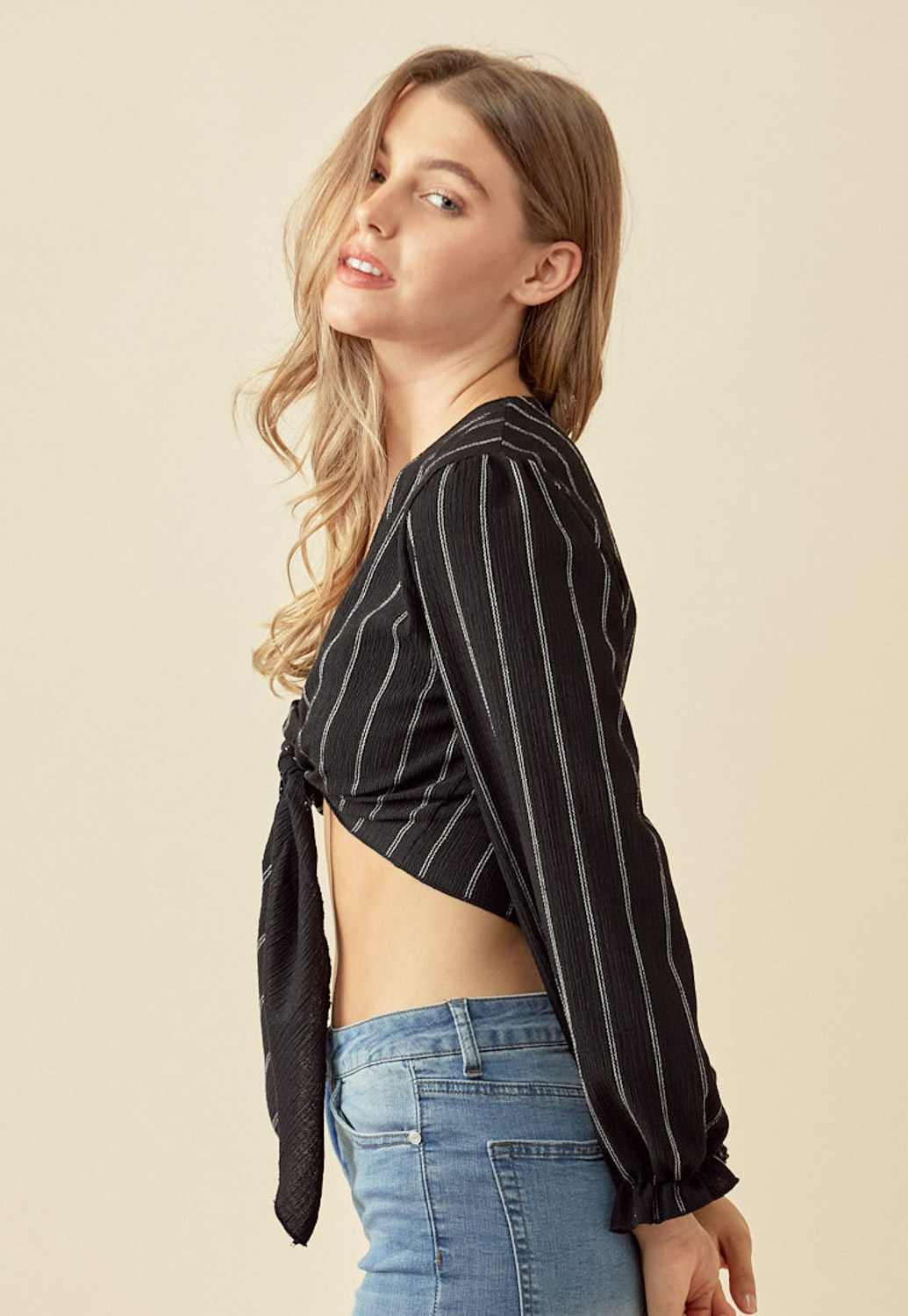 Pinstriped Tie Front Casual Blouse 