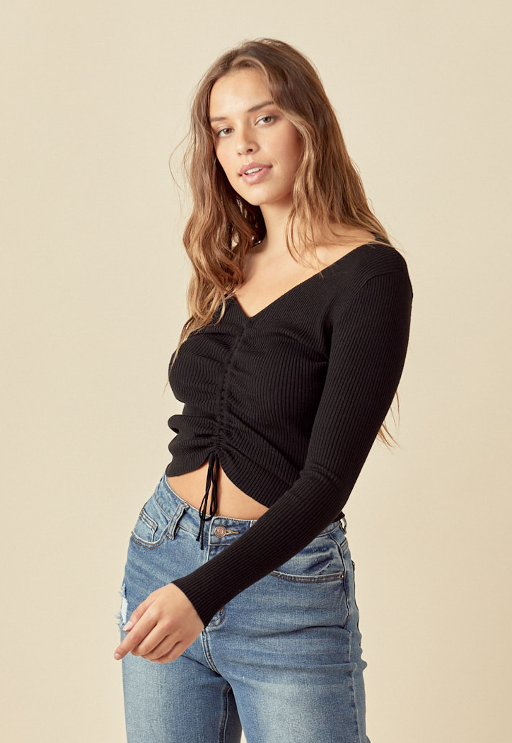 Ribbed Ruched Detail Long Sleeve Top 