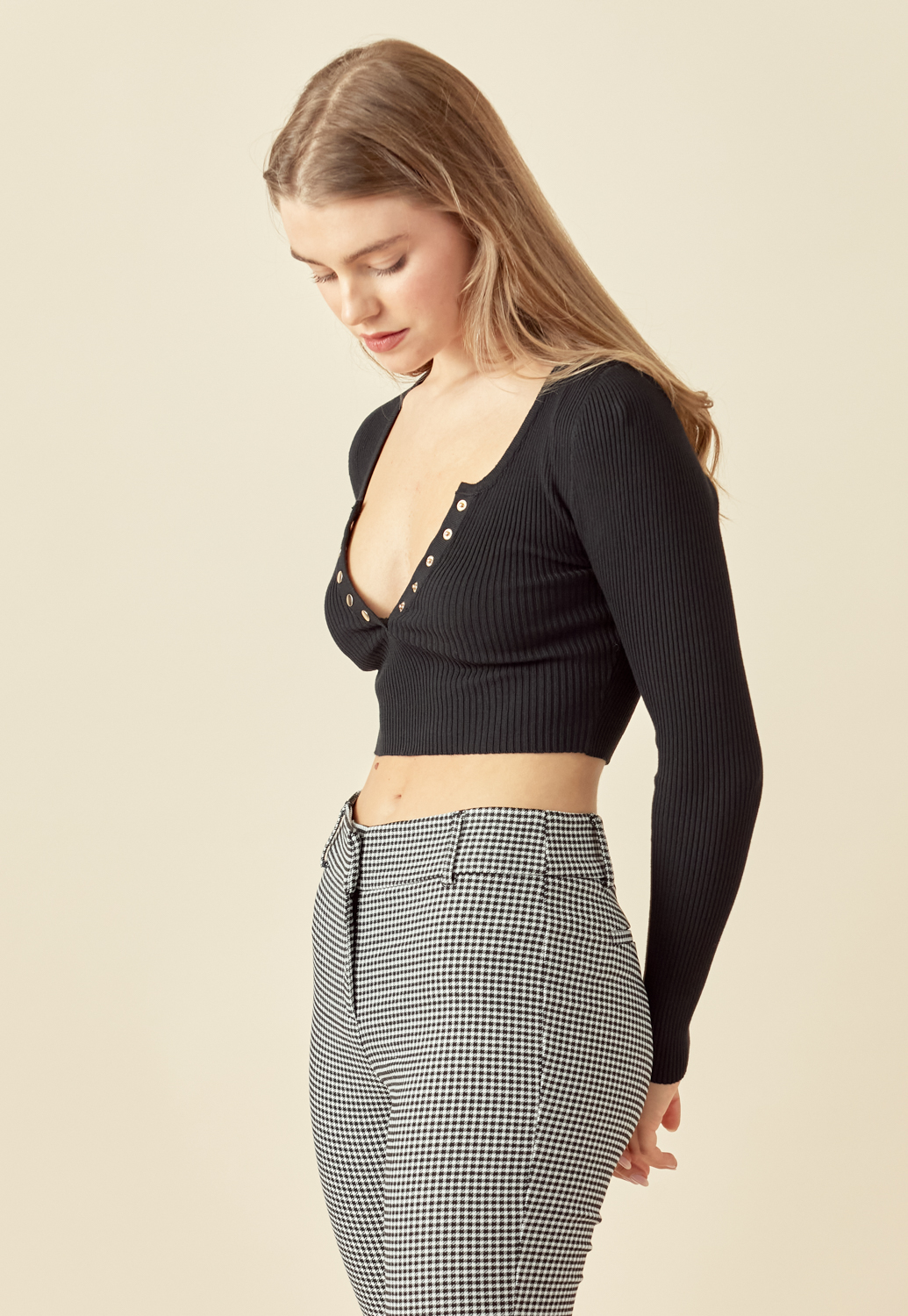 Ribeed Button Detail Crop Top 