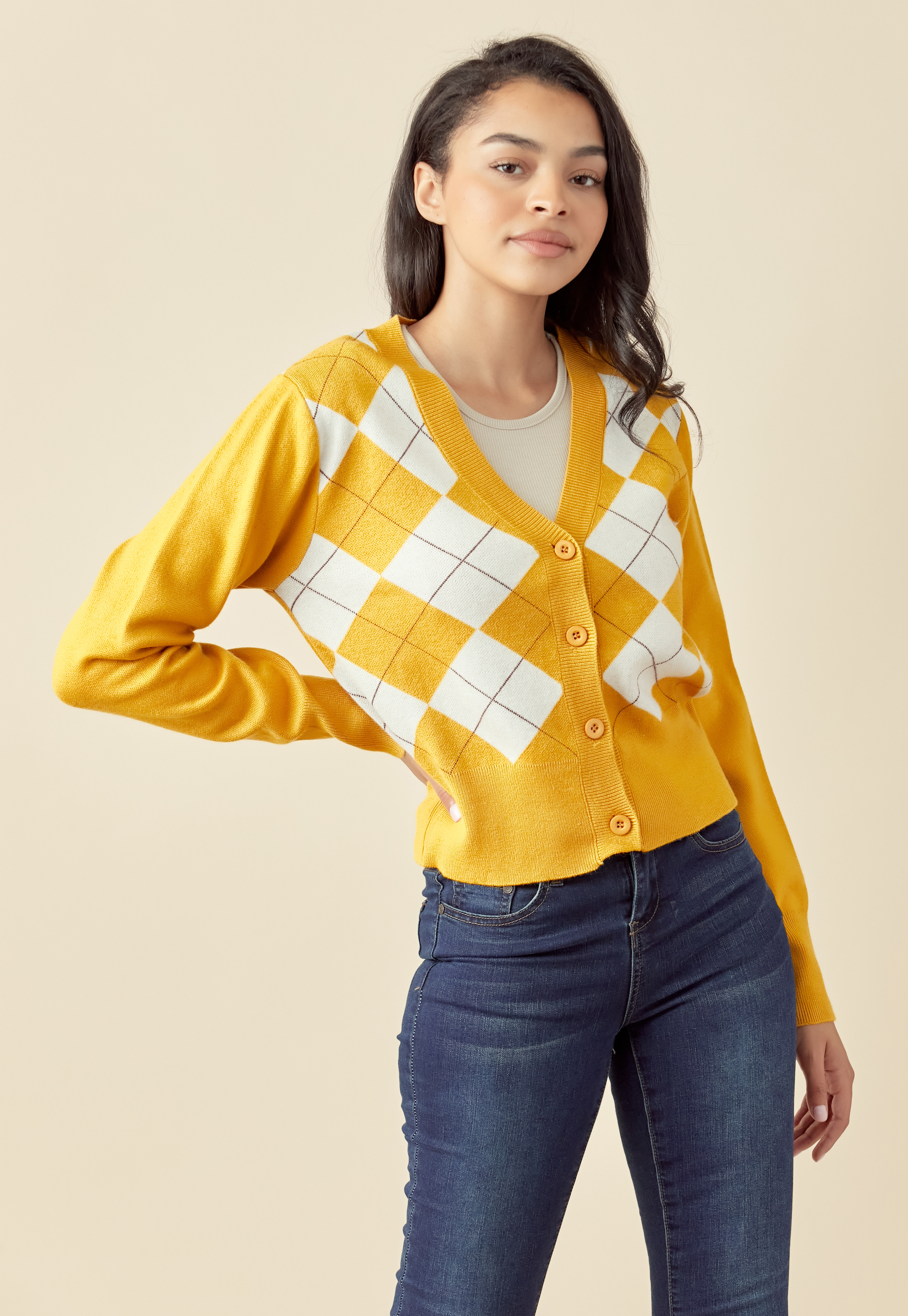 Argyle Pattern V-Neck Knit Buttoned Sweater 