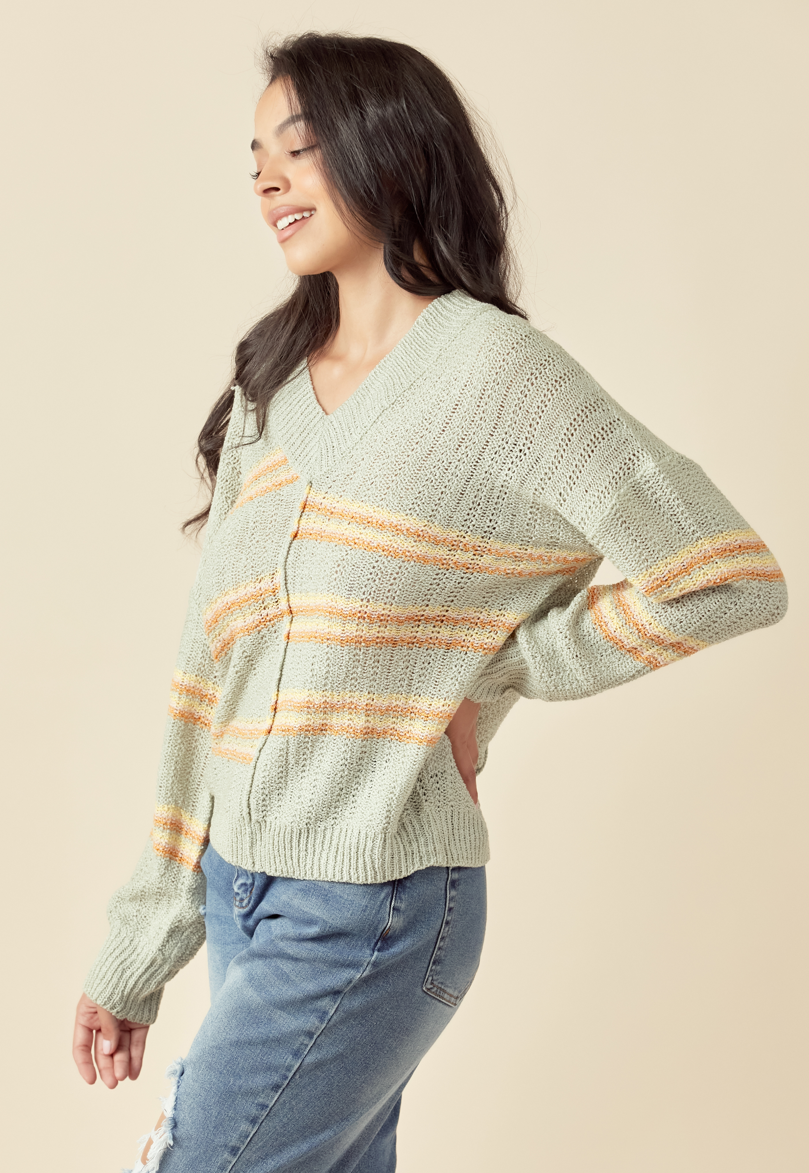 Striped V-Neck Knit Sweater 